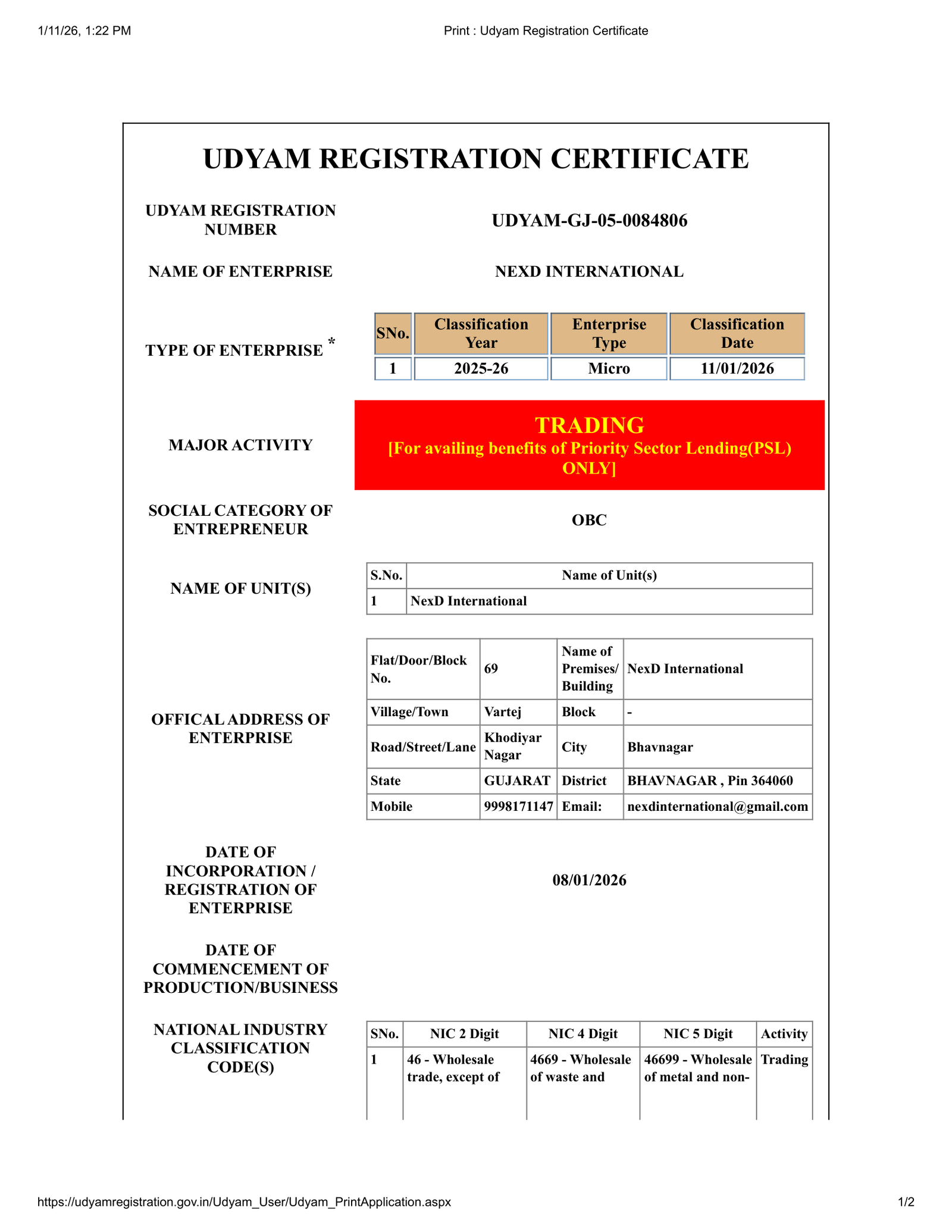 Udyam Registration certificate